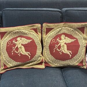 Elegant Gold and Red Angel Tapestry pillow covers pair Hollywood Regency